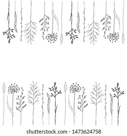 Vector floral design frame with flowers and leaves. Vector floral template on white background.Hand-drawn flower. Design greeting card and invitation of holiday. Line art vector illustration.