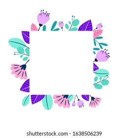 Vector floral design of a greeting card with purple and pink flowers sown with branches and leaves.
