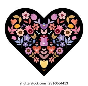 Vector floral design of heart shape with many different flowers inside isolated on a black background.