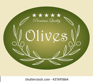 Vector floral design with olive branch and leaves. Green and yellow elliptic background  with text. Abstract food design for logo, label or emblem with olive branch, brand sign and stars.