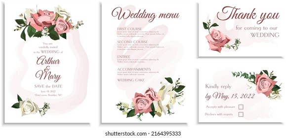 Vector floral design wedding invitation card set with roses, jasmine and eucaliptus. 