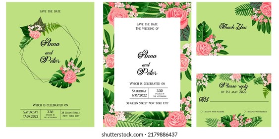 vector floral design for wedding invitation with red roses and tropical leaves, floral poster, decorative greeting cards
