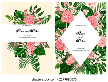 vector floral design for wedding invitation with red roses and tropical leaves, floral poster, decorative greeting cards