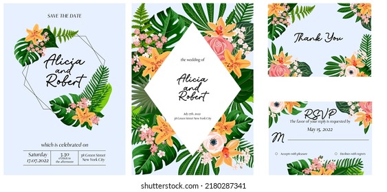 vector floral design for wedding invitation with lilies, rose flowers and tropical leaves, floral poster, decorative greeting cards