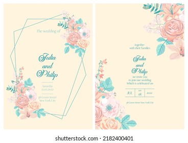 vector floral design for wedding invitation with pastel flowers and leaves, floral poster, decorative greeting cards