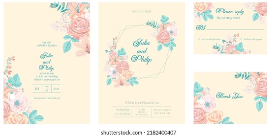 vector floral design for wedding invitation with pastel flowers and leaves, floral poster, decorative greeting cards