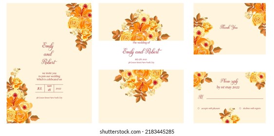 vector floral design for wedding invitation with yellow and orange flowers and leaves, floral poster, decorative greeting cards