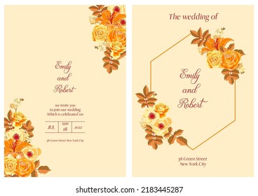 vector floral design for wedding invitation with yellow and orange flowers and leaves, floral poster, decorative greeting cards