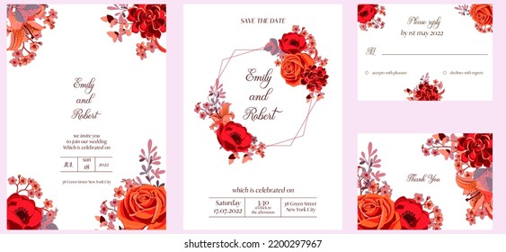 Vektor-Blumendesign für Hochzeitseinladung mit roten Blumen und Blättern, Blumenposter, dekorative Grußkarten