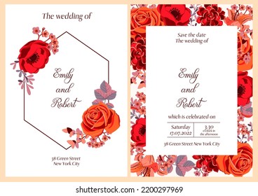 vector floral design for wedding invitation with red flowers and leaves, floral poster, decorative greeting cards