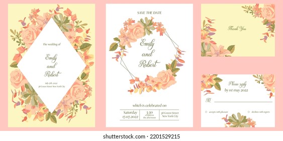 Vektor-Blumendesign für Hochzeitseinladung mit pastellfarbenen Blumen und Blättern, Blumenposter, dekorative Grußkarten