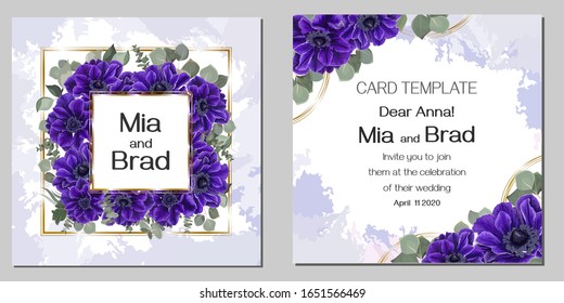 Vector and floral design for your wedding. Blue anemones, eucalyptus, green plants and leaves, square golden frame, watercolor strokes. Template for your text.