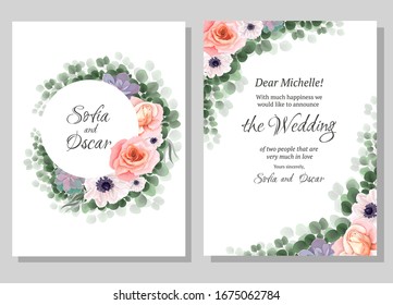 Diseño floral vectorial para tu invitación a la boda. Marco redondo, anémonas blancas, rosas rosas rosas, suculentos, plantas verdes y hojas. Plantilla para el texto.