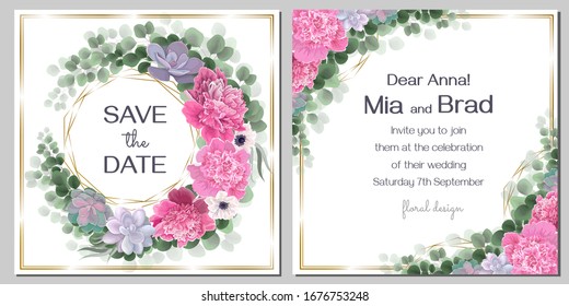 Diseño floral vectorial para tu invitación a la boda. Marco de oro poligonal, anémonas blancas, peonías rosadas, succulantes, plantas verdes y hojas. Plantilla para el texto.