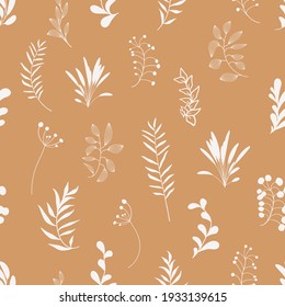 Vector floral digital paper. Hand drawn organic botany seamless  repeat pattern. Artistic botanical endless background in neutral colors. Burnt orange color seamless backdrop for your design