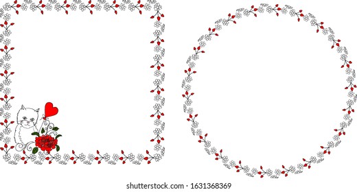 Vector floral doodle frames set and cat in love near flowers