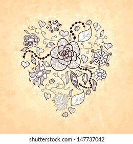 Vector floral doodle heart, made of different flowers, leaves and ladybug, vintage style