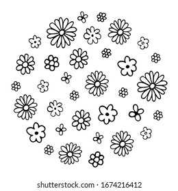 Vector floral doodle mandala. Collection of flowers and leaves. Ready emblem, logo, sticker, coloring books, poster, banner. For design of surfaces, textiles, packaging, backgrounds. Subject nature