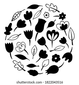 Vector floral doodle mandala. Collection of flowers and leaves. Ready emblem, logo, sticker, coloring books, poster, banner. For design of surfaces, textiles, packaging, backgrounds. Subject nature