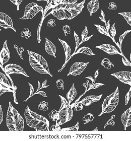 Vector floral doodle seamless pattern. Nature illustration Realistic set of leaf and flower Botanical hand art sketch in retro style on black background Tea bush Spring blossom Organic plant Eco print