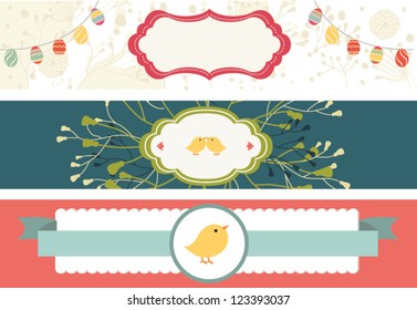 Vector floral easter banners with eggs and chick
