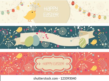 Vector floral easter banners with eggs and chick