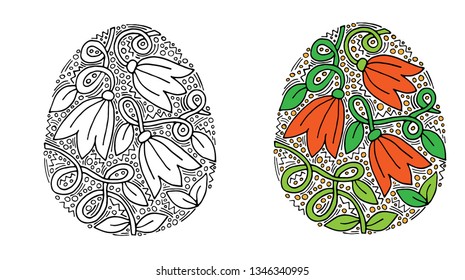 Vector floral Easter egg with orange flower on white background. Easter Egg for coloring page for children and adult. Easter egg coloring book.