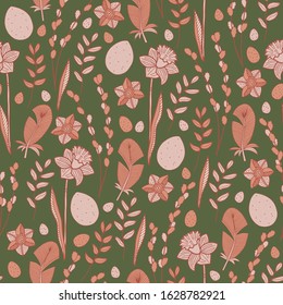 Vector floral easter pattern in pink and green. Simple doodle flowers, leaves, eggs, feathers made into repeat. Great for background, wallpaper, wrapping paper, packaging, fashion.
