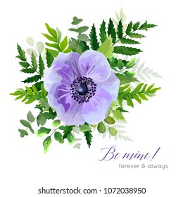 Vector floral elegant botanical card design with ultra violet blue purple garden anemone, poppy flowers, greenery forest ferns, green leaves cute bouquet. Beautiful invite, postcard, greeting template
