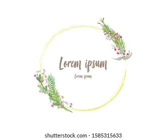 Vector floral elegant botanical card design with succulent cactus plants, cute wax flower and green forest fern leaves with golden geometrical frame