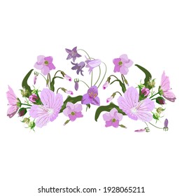 Vector floral element for design postcards, floral print on clothes, accessories, pink and lilac flowers with buds isolated on white background