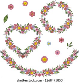Vector floral element set for Valentine day or for summer or spring design. Flower wreath and frame in a heart form and circle. Doodle flowers and leaves, branches. Isolated.