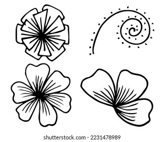 elementos vectoriales florales dibujo de manos libres en blanco y negro