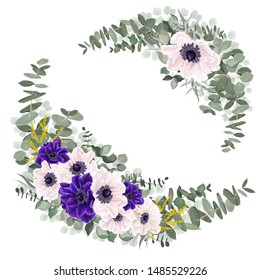 Vector floral elements for design. White and blue anemones, leaves and branches of eucalyptus, mimosa, green plants and leaves.