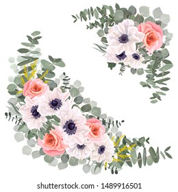 Vector floral elements for design. White anemones, pink roses, leaves and branches of eucalyptus, mimosa, green plants and leaves.