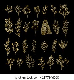 Vector floral elements in doodle style - flowers and leaves. Summer flowers for greeting cards, wedding designs or invitations.