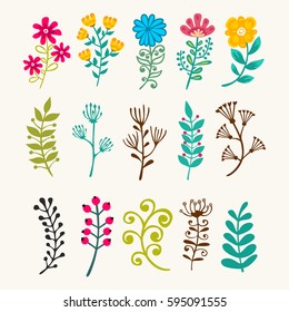 Vector floral elements in doodle style - flowers and leaves. Summer flowers for greeting cards, wedding designs or invitations.