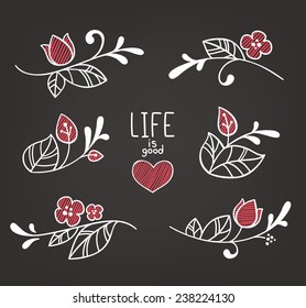 vector floral elements in naive hand drown style on dark background