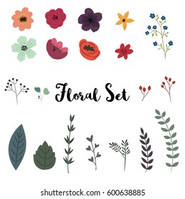 Vector floral elements set, beautiful flowers leaves for wreath illustration, greeting wedding card design