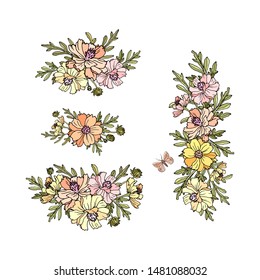 Vector floral elements for wedding invitations and cards. Cosmos flowers with delicate leaves and branches.