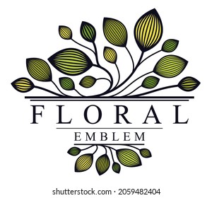 Vector floral emblem isolated on white background, leaves and branches linear logo, luxury classic style elegant badge, boutique or hotel logotype.