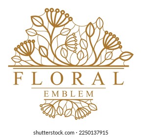 Vector floral emblem isolated on white background, leaves and branches linear logo, luxury classic style elegant badge, boutique or hotel logotype.