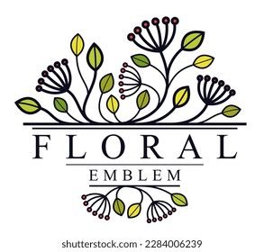 Vector floral emblem isolated on white background, leaves and branches linear logo, luxury classic style elegant badge, boutique or hotel logotype.