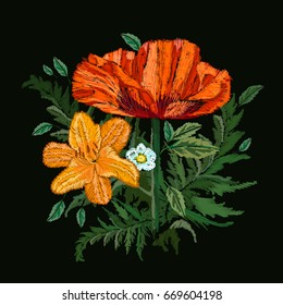 Vector floral embroidery design on black background. Red Poppy and yellow Lily flowers. Vector illustration