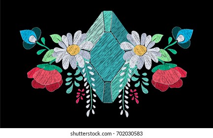 Vector floral embroidery effect with precious stone