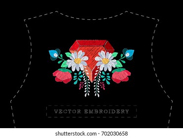 Vector floral embroidery effect with precious stone