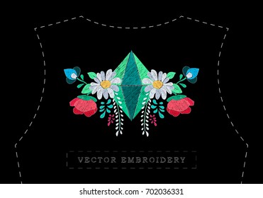 Vector floral embroidery effect with precious stone