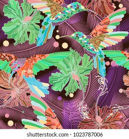 Vector floral ethnic seamless pattern in doodle style with flowers , leaves and birds . Gentle, spring/summer floral background.