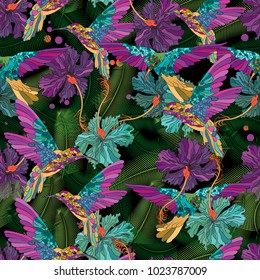 Vector floral ethnic seamless pattern in doodle style with flowers , leaves and birds . Gentle, spring/summer floral background.