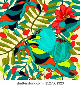 Vector floral ethnic seamless pattern in doodle style with flowers , leaves and birds . Gentle, spring/summer floral background.